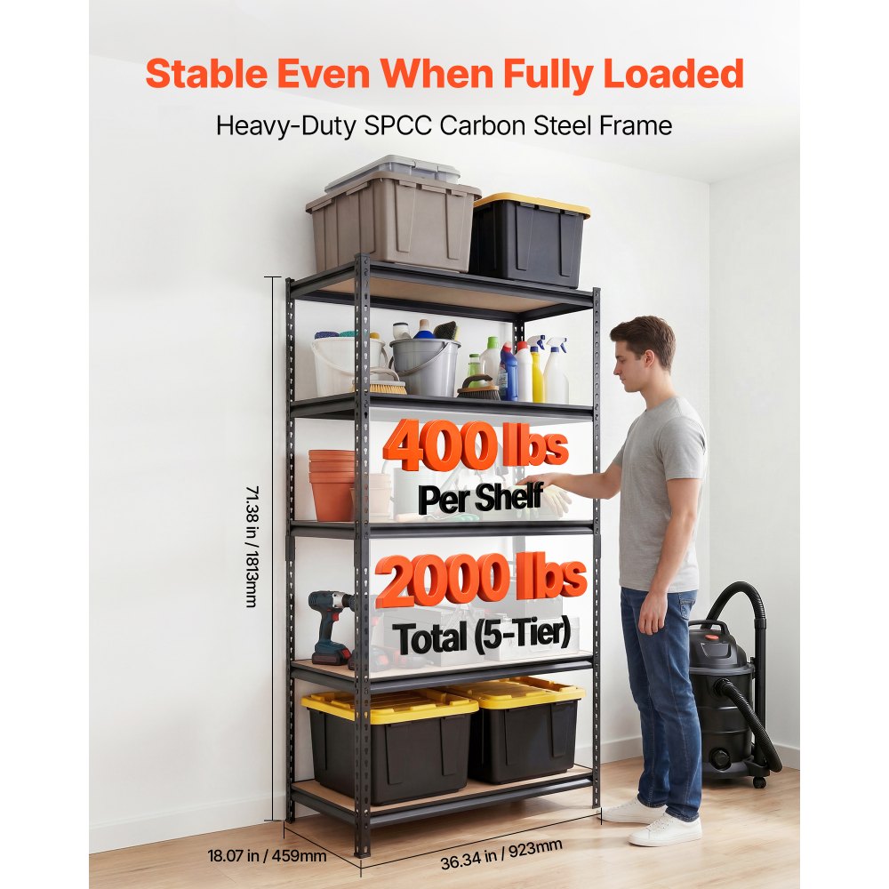VEVOR Storage Shelves, 5-Tier Adjustable, 2000 lbs Capacity, Heavy Duty Garage Storage Shelving Unit, Metal Utility