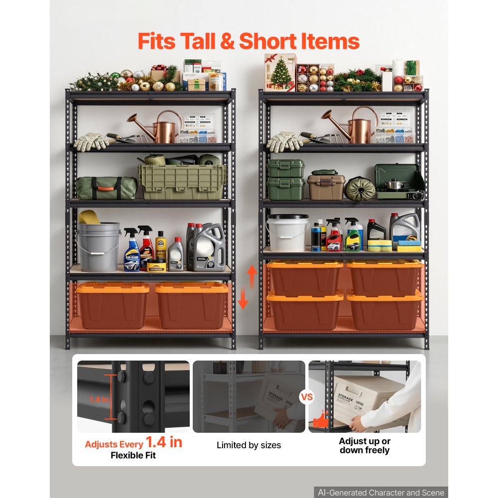 VEVOR Storage Shelves, 5-Tier Adjustable, 2000 lbs Capacity, Heavy Duty Garage Storage Shelving Unit, Metal Utility