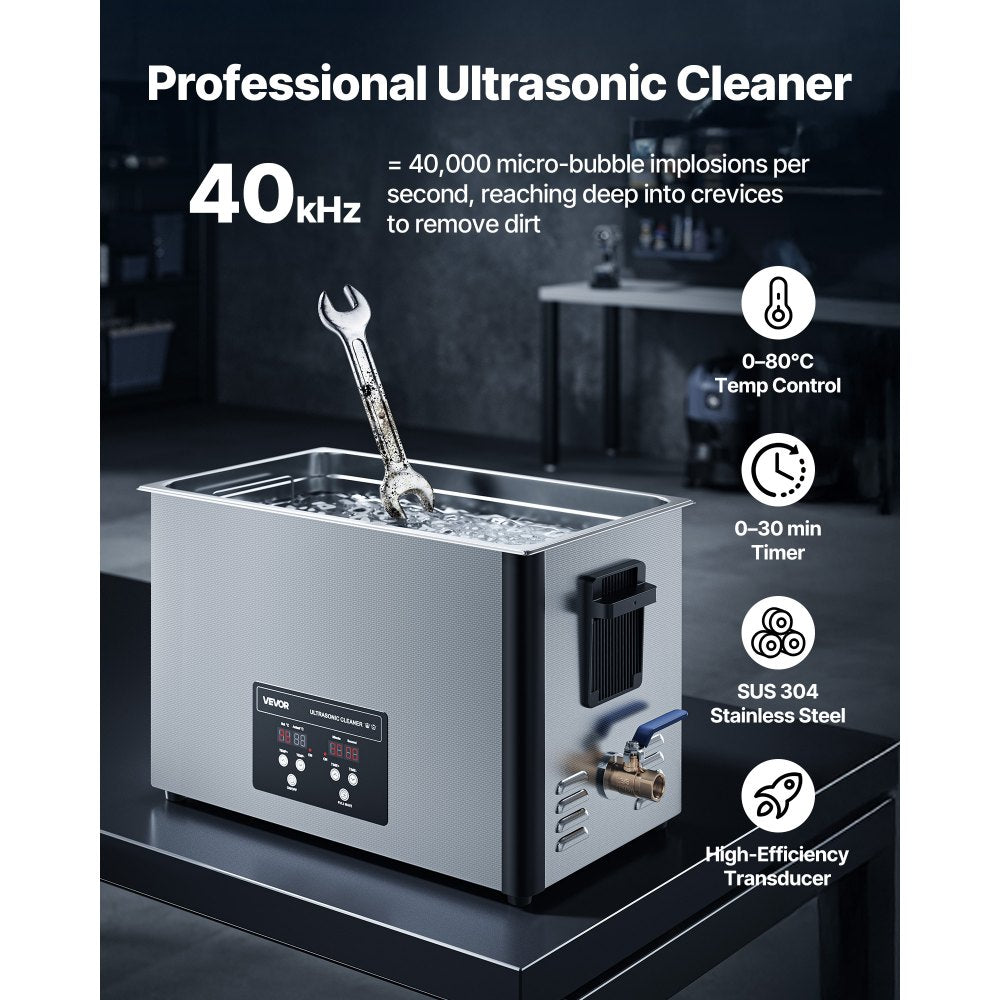 VEVOR 30L Ultrasonic Cleaner, Professional Ultrasonic Cleaner Machine with Cleaning Basket & Digital Display, 480W