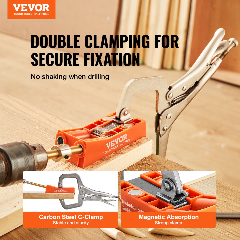 VEVOR Pocket Hole Jig, 56 Pcs Mini Jig Pocket Hole System with 9" C-clamp, Step Drill, Wrench, Square Drive Bit, Drill
