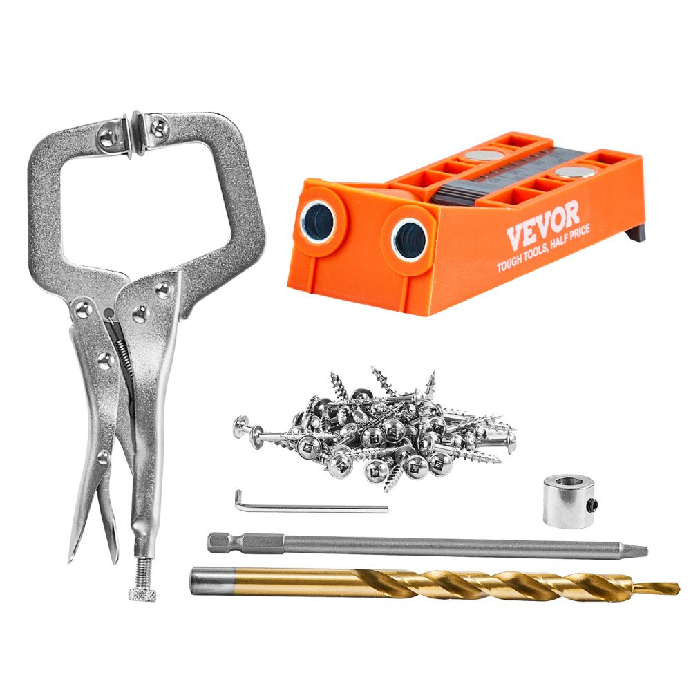 VEVOR Pocket Hole Jig, 56 Pcs Mini Jig Pocket Hole System with 9" C-clamp, Step Drill, Wrench, Square Drive Bit, Drill