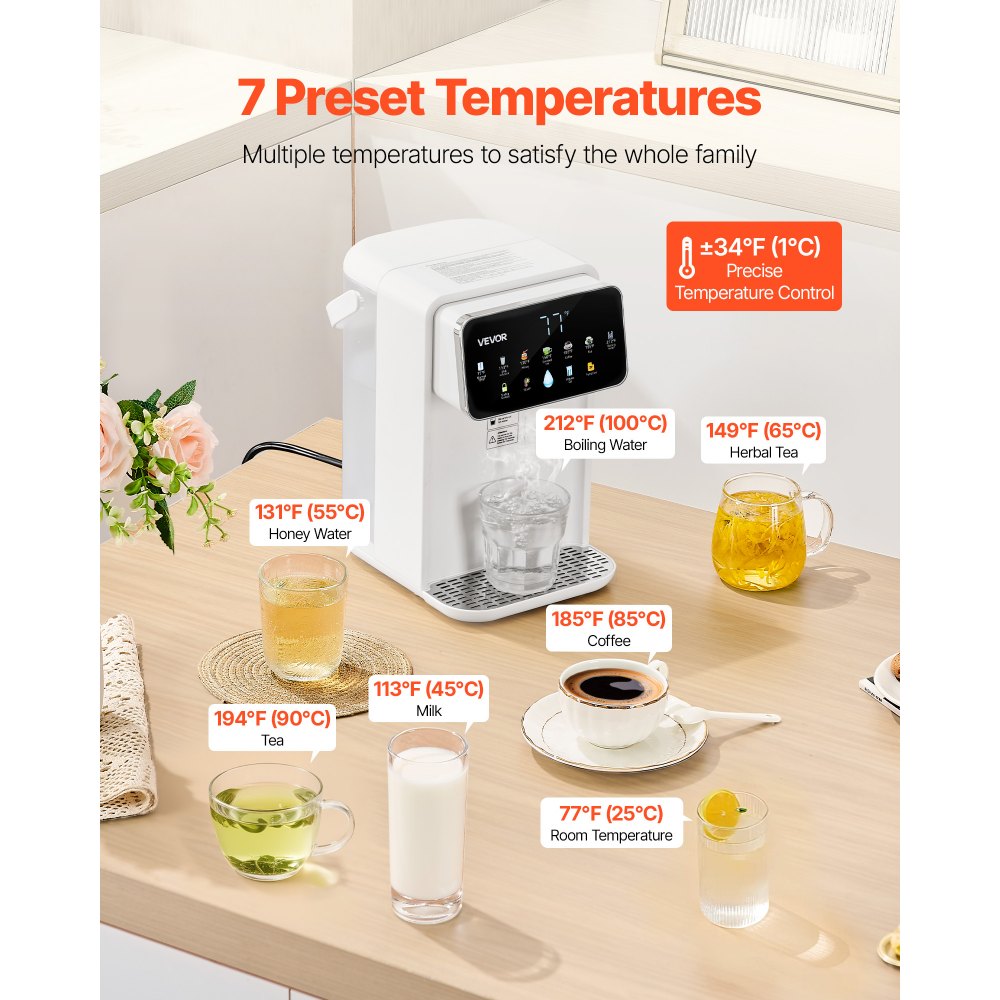VEVOR Instant Hot Water Dispenser, Countertop Boiling Water Dispenser with Adjustable 7 Temperatures & 7 Water Volumes