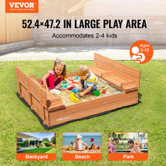 VEVOR Wooden Sandbox, 52.4 x 47.2 x 16.9 in Sand Box, Sand Pit with Foldable Bench Seats and Bottom Liner, Natural Wood