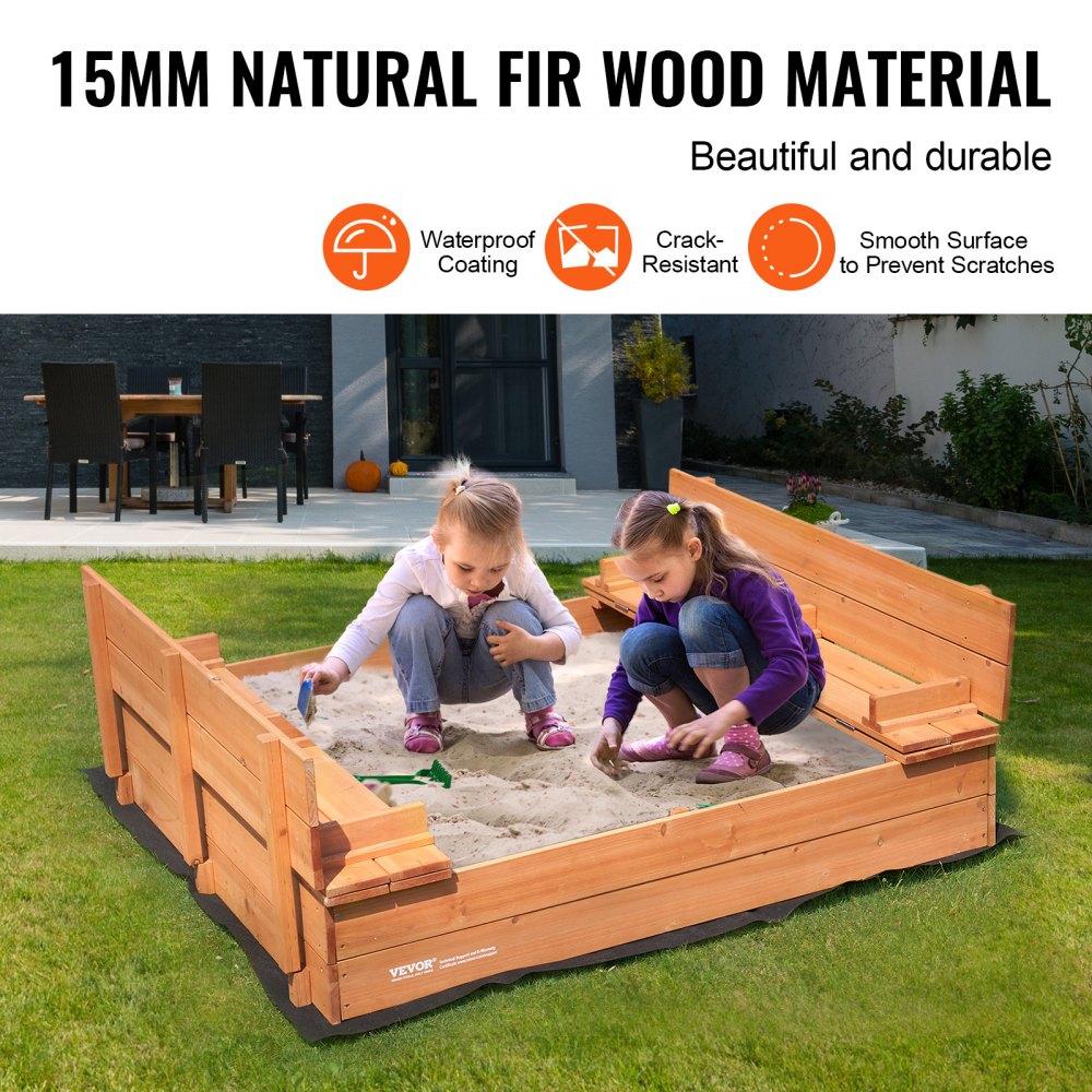 VEVOR Wooden Sandbox, 52.4 x 47.2 x 16.9 in Sand Box, Sand Pit with Foldable Bench Seats and Bottom Liner, Natural Wood