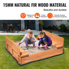 VEVOR Wooden Sandbox, 52.4 x 47.2 x 16.9 in Sand Box, Sand Pit with Foldable Bench Seats and Bottom Liner, Natural Wood
