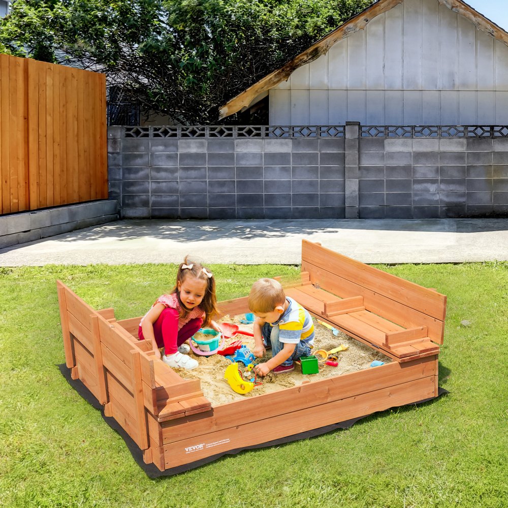 VEVOR Wooden Sandbox, 52.4 x 47.2 x 16.9 in Sand Box, Sand Pit with Foldable Bench Seats and Bottom Liner, Natural Wood