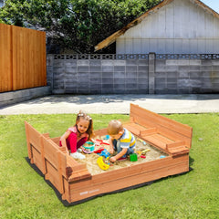 VEVOR Wooden Sandbox, 52.4 x 47.2 x 16.9 in Sand Box, Sand Pit with Foldable Bench Seats and Bottom Liner, Natural Wood