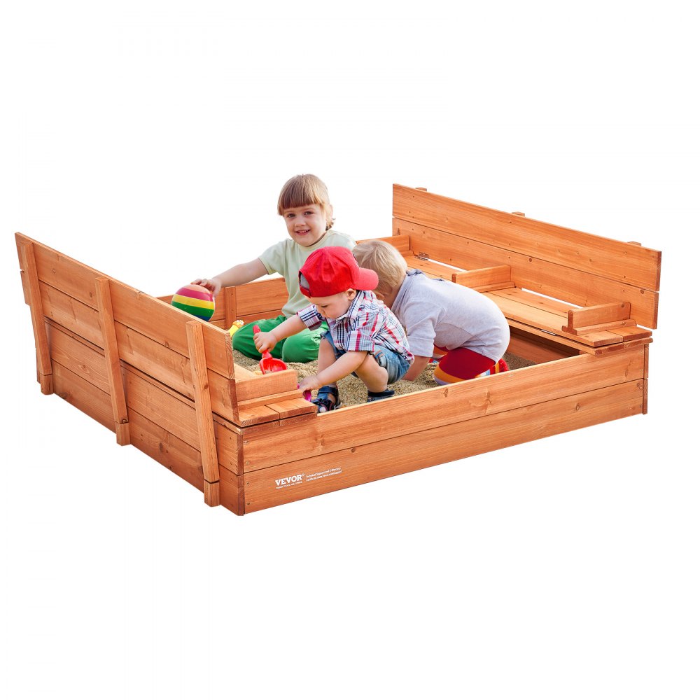 VEVOR Wooden Sandbox, 52.4 x 47.2 x 16.9 in Sand Box, Sand Pit with Foldable Bench Seats and Bottom Liner, Natural Wood