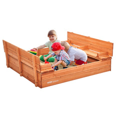 VEVOR Wooden Sandbox, 52.4 x 47.2 x 16.9 in Sand Box, Sand Pit with Foldable Bench Seats and Bottom Liner, Natural Wood