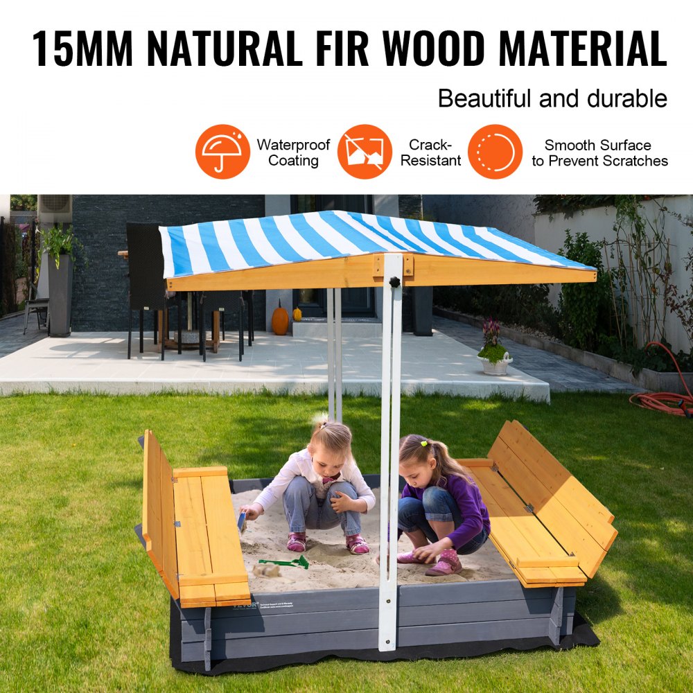 VEVOR Wooden Sandbox with Canopy, 57.3 x 47.2 x 47.2 in Sand Box, Sand Pit with Foldable Bench Seats and Bottom Liner