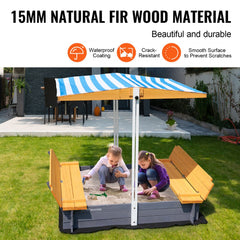VEVOR Wooden Sandbox with Canopy, 57.3 x 47.2 x 47.2 in Sand Box, Sand Pit with Foldable Bench Seats and Bottom Liner