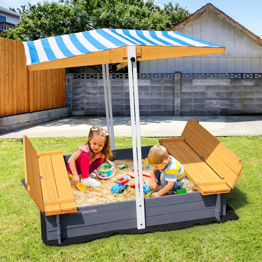 VEVOR Wooden Sandbox with Canopy, 57.3 x 47.2 x 47.2 in Sand Box, Sand Pit with Foldable Bench Seats and Bottom Liner