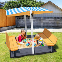 VEVOR Wooden Sandbox with Canopy, 57.3 x 47.2 x 47.2 in Sand Box, Sand Pit with Foldable Bench Seats and Bottom Liner