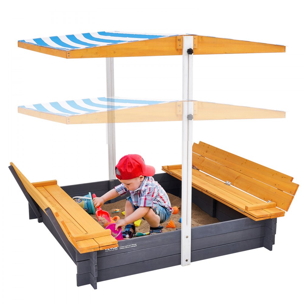 VEVOR Wooden Sandbox with Canopy, 57.3 x 47.2 x 47.2 in Sand Box, Sand Pit with Foldable Bench Seats and Bottom Liner