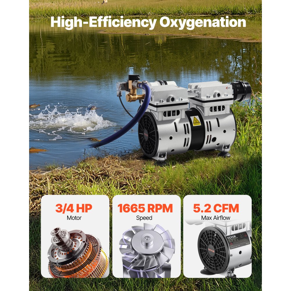 VEVOR Pond Aerator, 550W Power, 5.2CFM for Up to 3 Acre 50' Lake, Pond Aeration Kit Includes 3/4 HP Compressor & Timer