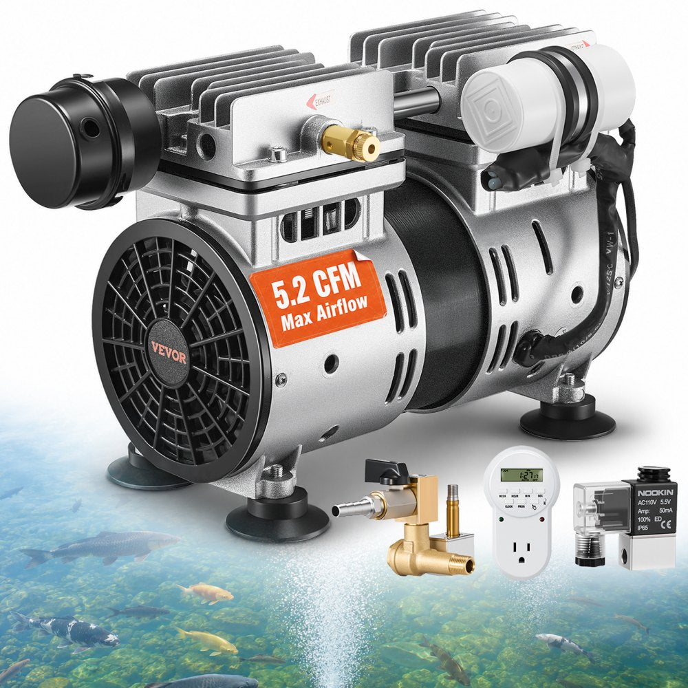 VEVOR Pond Aerator, 550W Power, 5.2CFM for Up to 3 Acre 50' Lake, Pond Aeration Kit Includes 3/4 HP Compressor & Timer