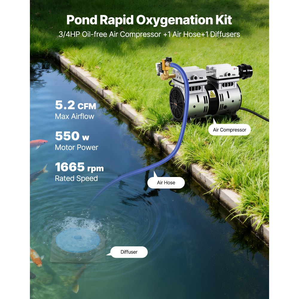 VEVOR Pond Aerators, 5.2CFM Aeration System for Lakes up to 3 Acres, 3/4 HP Air Compressor, 1 Diffuser & 100' Weighted