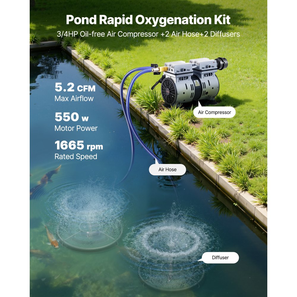 VEVOR Pond Aerators, 5.2CFM Aeration System for Lake up to 3 Acres, 3/4 HP Air Compressor, 2 Diffusesr & Two100'