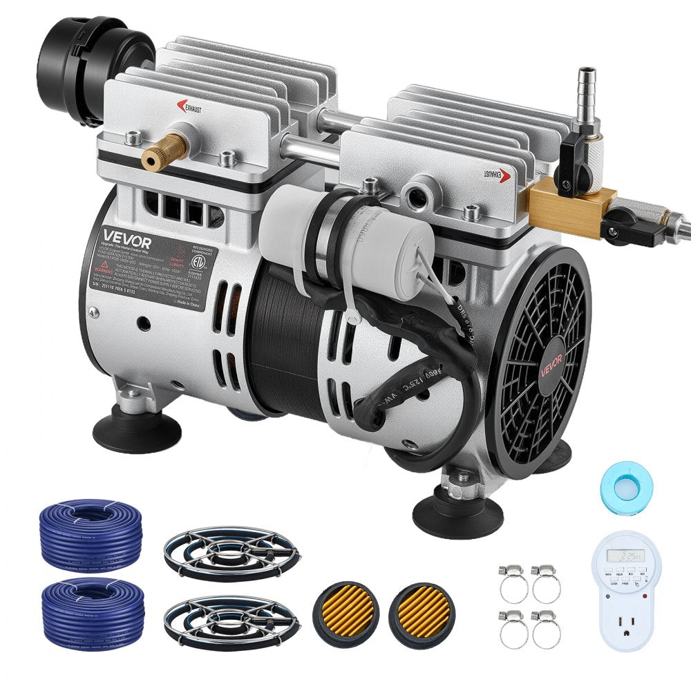 VEVOR Pond Aerators, 5.2CFM Aeration System for Lake up to 3 Acres, 3/4 HP Air Compressor, 2 Diffusesr & Two100'