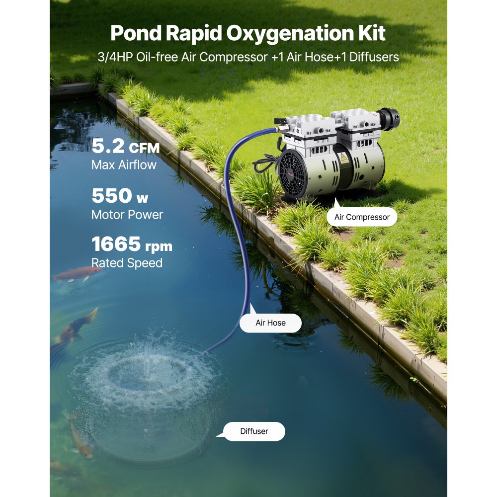 VEVOR Pond Aerators, 5.2CFM Aeration System for Lake up to 3 Acres, 3/4 HP Air Compressor, 1 Diffuser & 100' Weighted