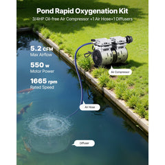 VEVOR Pond Aerators, 5.2CFM Aeration System for Lake up to 3 Acres, 3/4 HP Air Compressor, 1 Diffuser & 100' Weighted