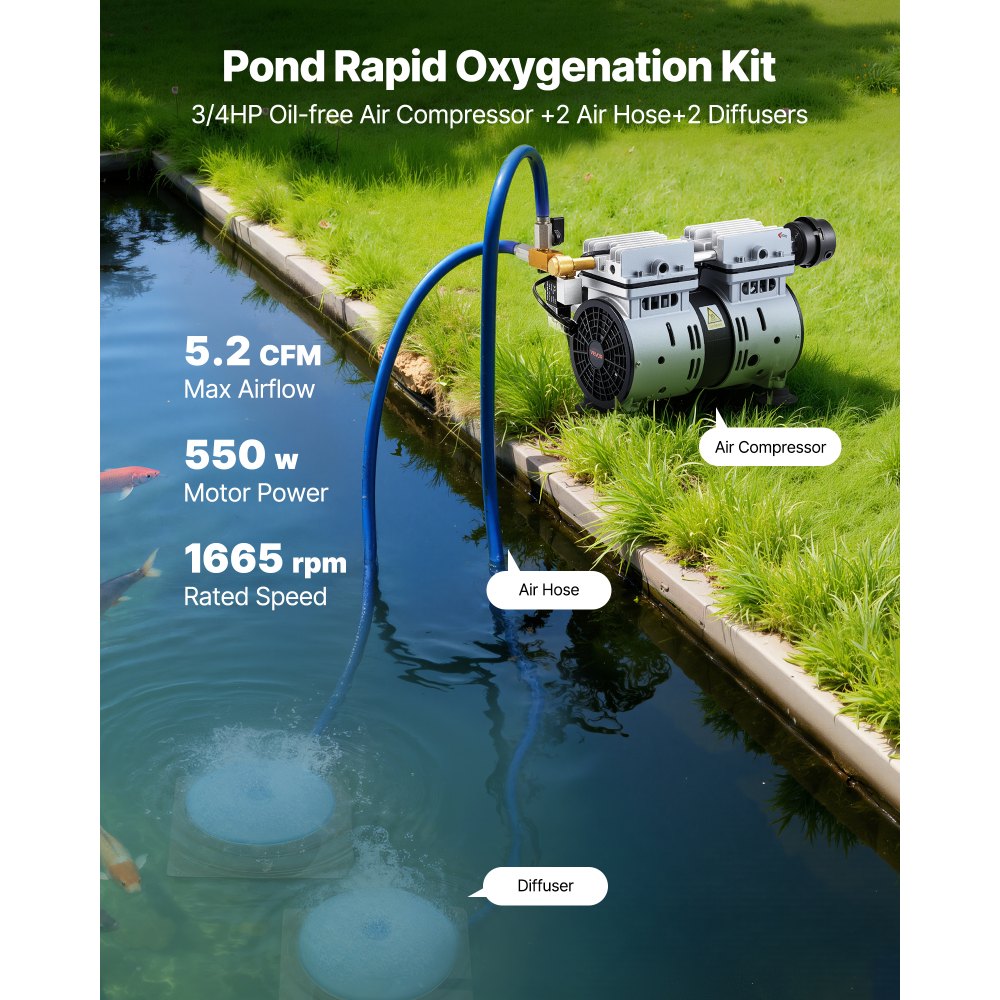 VEVOR Pond Aerators, 5.2CFM Aeration System for Lakes up to 3 Acres, 3/4 HP Air Compressor, 2 Diffusers & Two 100'