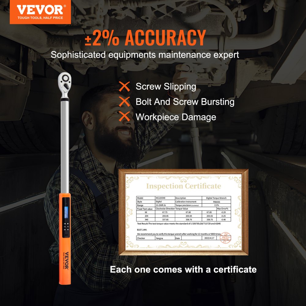 VEVOR Digital Torque Wrench, 1/2" Drive Electronic Torque Wrench, Torque Wrench Kit 25-250ft.lb/34-340n.m Torque Range