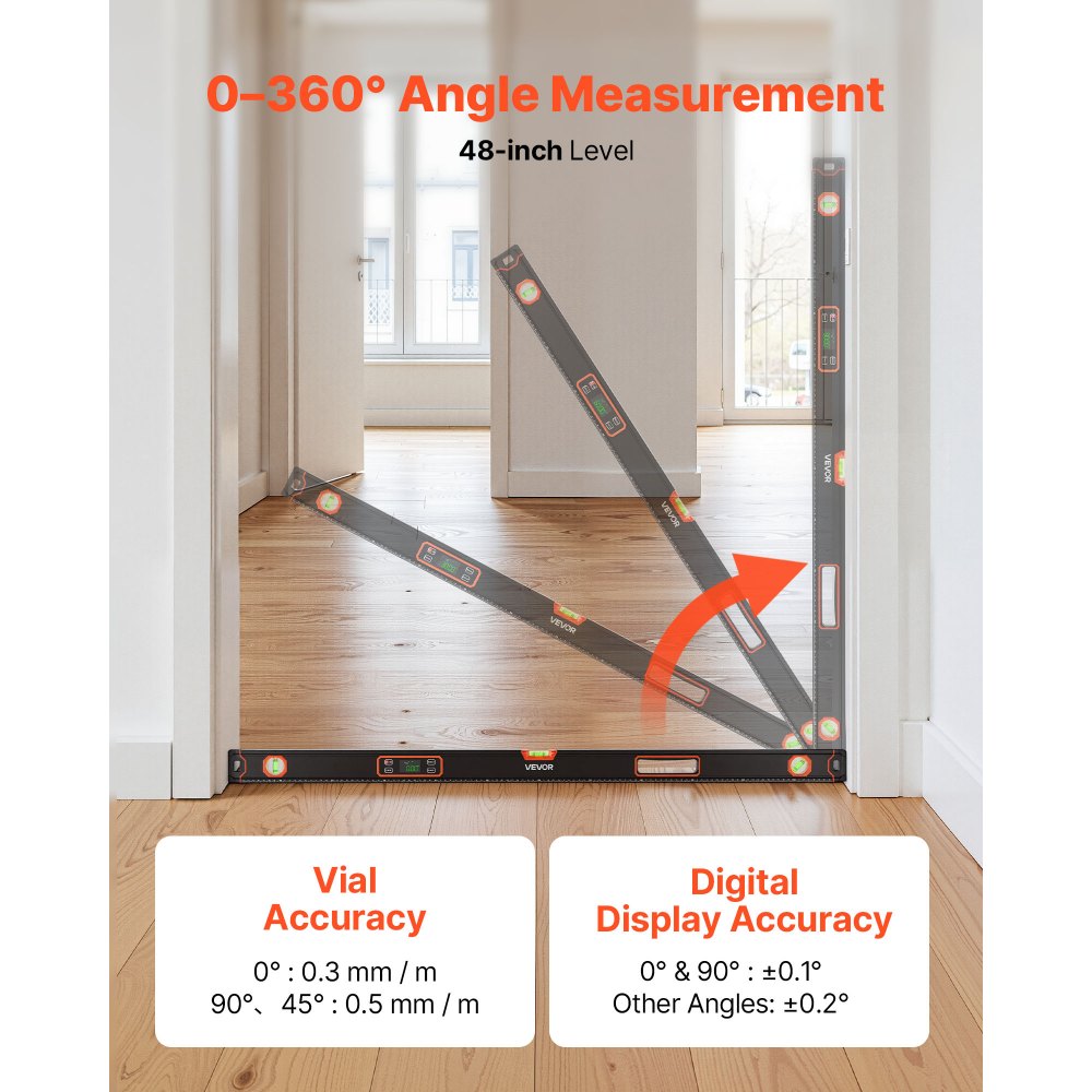 VEVOR Digital Level, 48 in Length, Magnetic Electronic Level with LED Backlit Display, 360° Electronic Leveler Tool