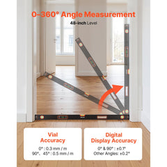 VEVOR Digital Level, 48 in Length, Magnetic Electronic Level with LED Backlit Display, 360° Electronic Leveler Tool