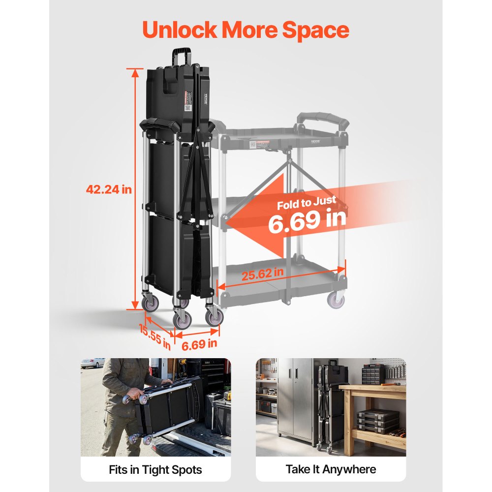 VEVOR Foldable Utility Service Cart, 3 Shelf 165LBS Heavy Duty Plastic Rolling Cart with Lockable Wheels, Ergonomic
