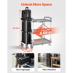 VEVOR Foldable Utility Service Cart, 3 Shelf 165LBS Heavy Duty Plastic Rolling Cart with Lockable Wheels, Ergonomic