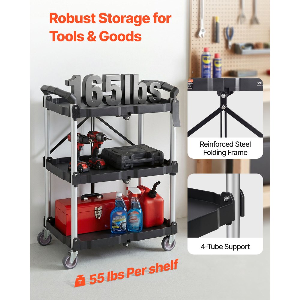 VEVOR Foldable Utility Service Cart, 3 Shelf 165LBS Heavy Duty Plastic Rolling Cart with Lockable Wheels, Ergonomic