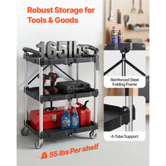 VEVOR Foldable Utility Service Cart, 3 Shelf 165LBS Heavy Duty Plastic Rolling Cart with Lockable Wheels, Ergonomic