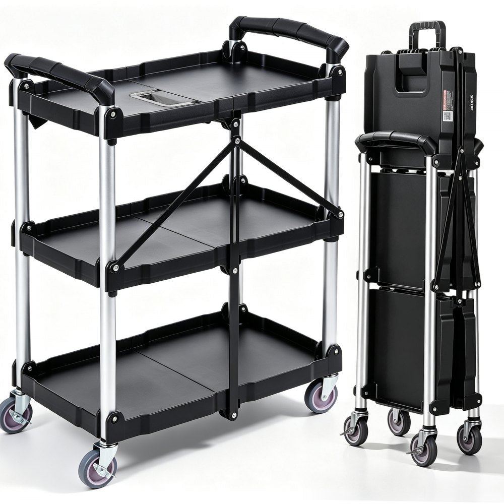 VEVOR Foldable Utility Service Cart, 3 Shelf 165LBS Heavy Duty Plastic Rolling Cart with Lockable Wheels, Ergonomic
