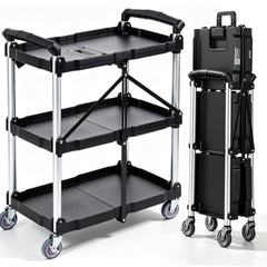 VEVOR Foldable Utility Service Cart, 3 Shelf 165LBS Heavy Duty Plastic Rolling Cart with Lockable Wheels, Ergonomic