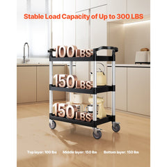 VEVOR Utility Cart, 300 lbs Load Capacity, 3-tier Utility Plastic Cart with 360° Swivel Wheels (2 with Brakes), 24.4 x