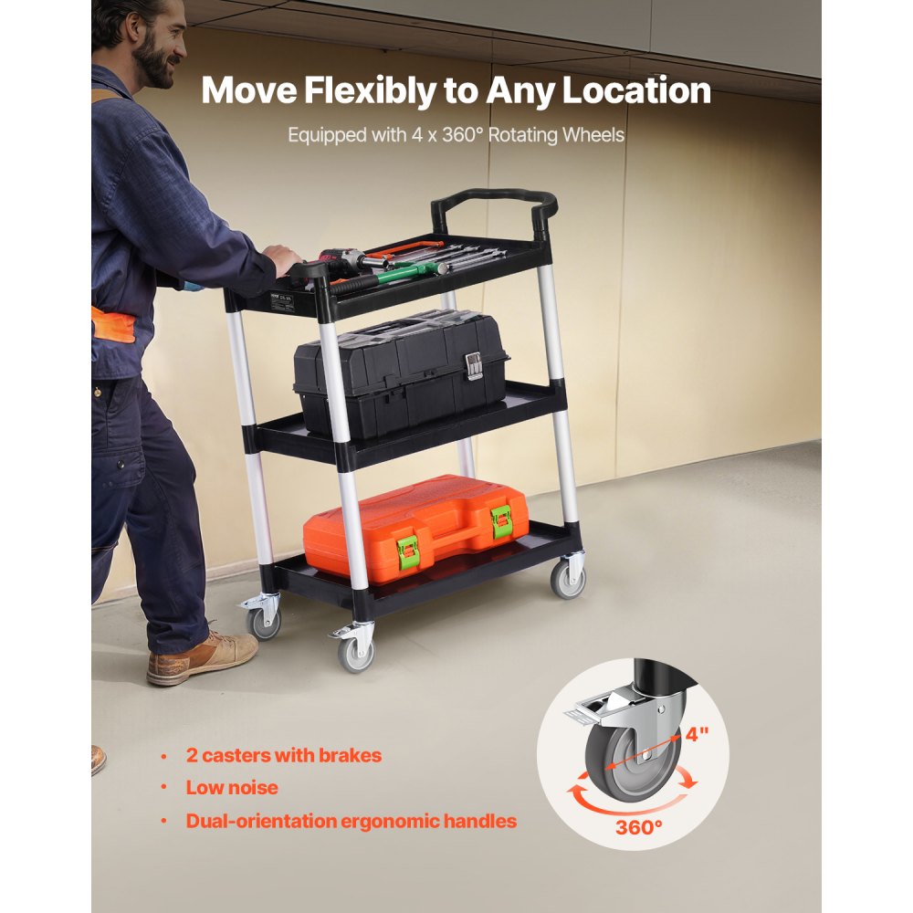 VEVOR Utility Cart, 300 lbs Load Capacity, 3-tier Utility Plastic Cart with 360° Swivel Wheels (2 with Brakes), 24.4 x
