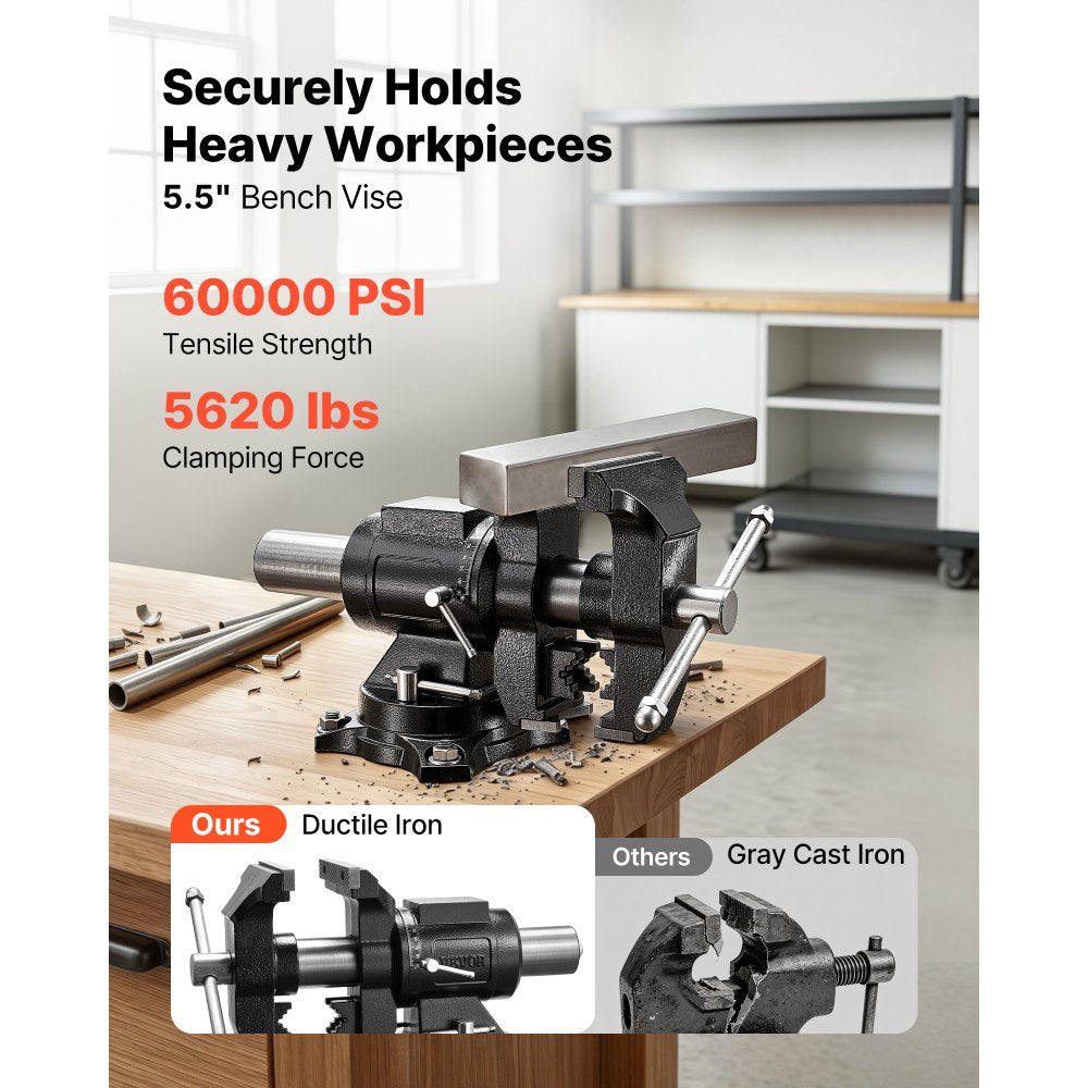 VEVOR Heavy Duty Bench Vise, 5.5" Jaw Width, Double Swivel Rotating Multi-Purpose Bench Vise, with 360° Locking Swivel