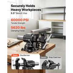 VEVOR Heavy Duty Bench Vise, 5.5" Jaw Width, Double Swivel Rotating Multi-Purpose Bench Vise, with 360° Locking Swivel