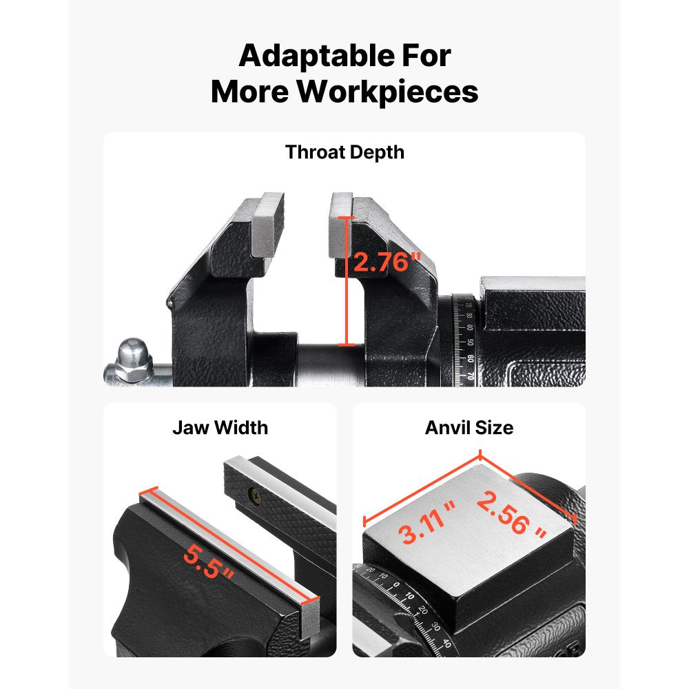 VEVOR Heavy Duty Bench Vise, 5.5" Jaw Width, Double Swivel Rotating Multi-Purpose Bench Vise, with 360° Locking Swivel