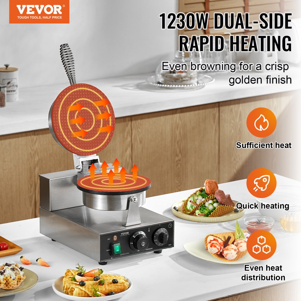 VEVOR Electric Ice Cream Cone Maker, Commercial 1230W Waffle Cone Machine, Non-Stick Stainless Steel Egg Roll Mold