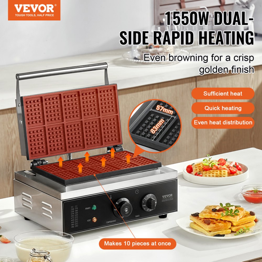 VEVOR Commercial Waffle Maker, 10PCS Rectangle Waffle Baker Machine, 1550W Non-Stick Stainless Steel Belgian Waffle