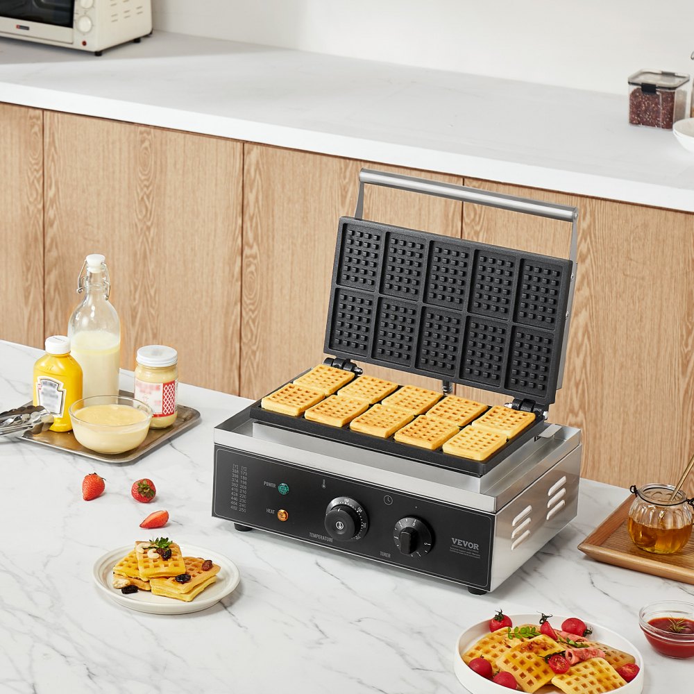 VEVOR Commercial Waffle Maker, 10PCS Rectangle Waffle Baker Machine, 1550W Non-Stick Stainless Steel Belgian Waffle
