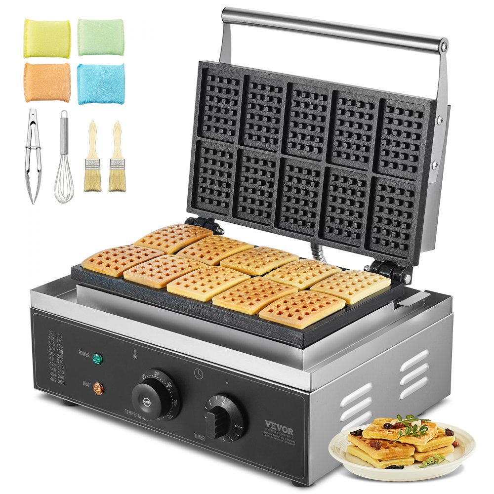 VEVOR Commercial Waffle Maker, 10PCS Rectangle Waffle Baker Machine, 1550W Non-Stick Stainless Steel Belgian Waffle