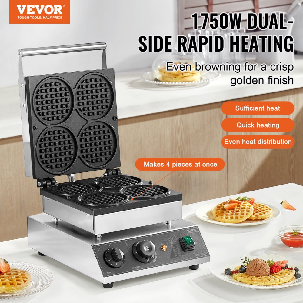 VEVOR Commercial Waffle Maker, 4PCS Round Waffle Baker Machine,1750W Non-Stick Stainless Steel Belgian Waffle Iron with