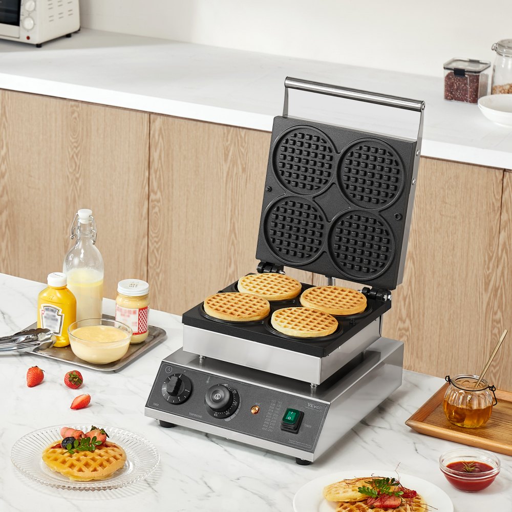 VEVOR Commercial Waffle Maker, 4PCS Round Waffle Baker Machine,1750W Non-Stick Stainless Steel Belgian Waffle Iron with