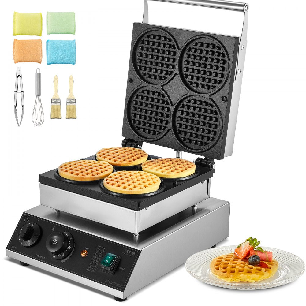 VEVOR Commercial Waffle Maker, 4PCS Round Waffle Baker Machine,1750W Non-Stick Stainless Steel Belgian Waffle Iron with