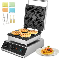 VEVOR Commercial Waffle Maker, 4PCS Round Waffle Baker Machine,1750W Non-Stick Stainless Steel Belgian Waffle Iron with