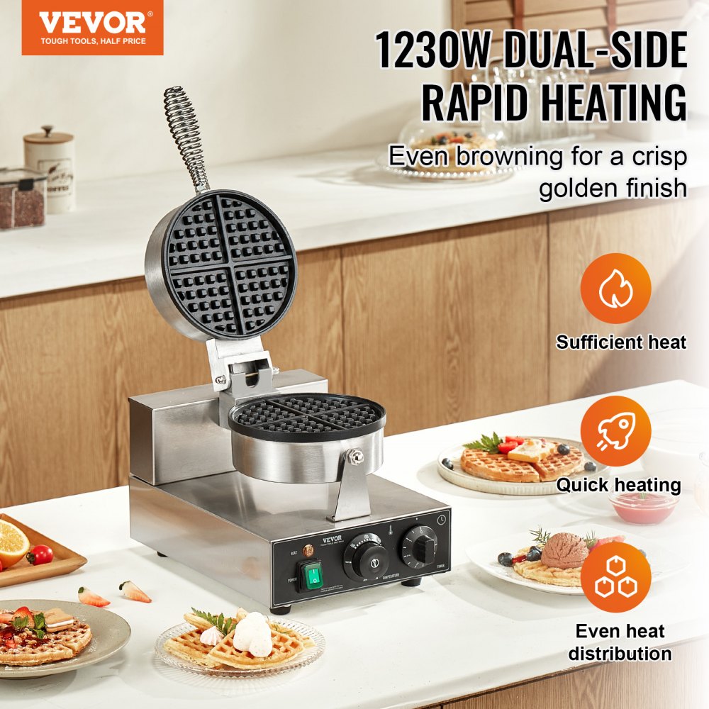 VEVOR Commercial Waffle Maker, 1230W Round Waffle Baker Machine, Non-Stick Stainless Steel Belgian Waffle Iron with