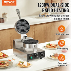 VEVOR Commercial Waffle Maker, 1230W Round Waffle Baker Machine, Non-Stick Stainless Steel Belgian Waffle Iron with